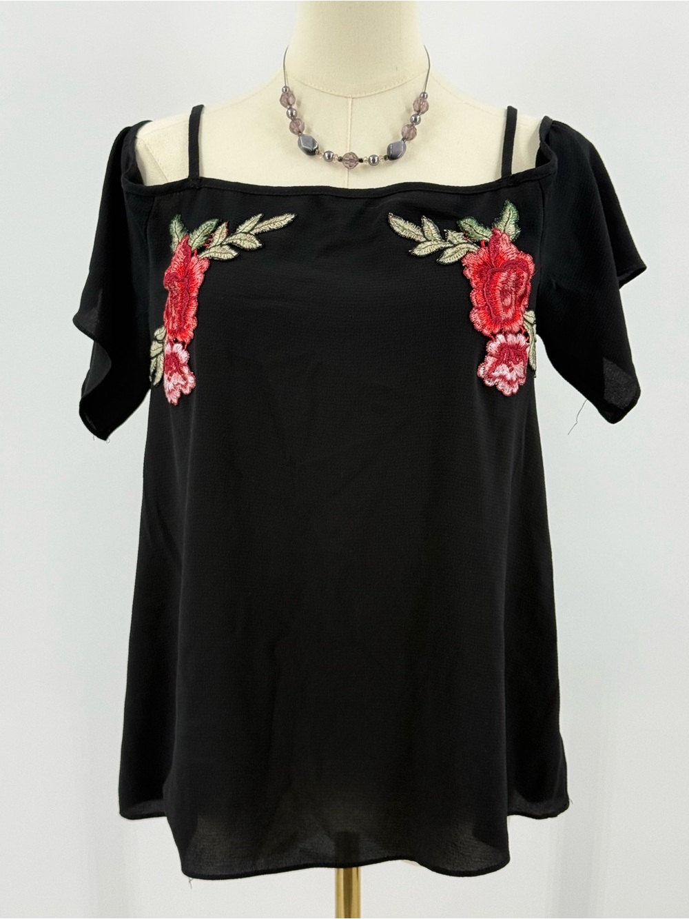 Boho A. Byer Black Cold-Shoulder Tunic with Red Rose Appliqué